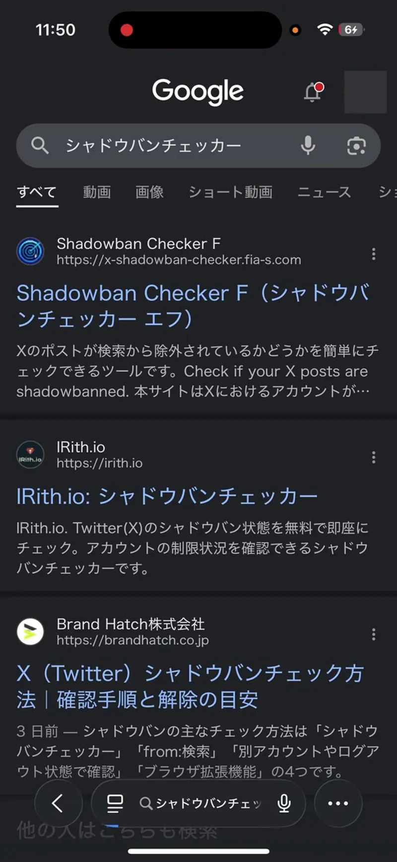 Googleで「シャドウバンチェッカー」と検索した結果。IRith.ioなどの検査サイトが並んでいる